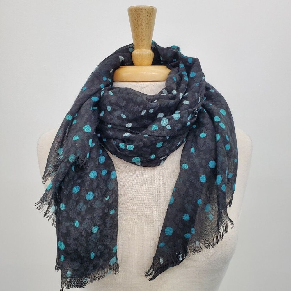 Thirty-One Womens Black Teal Polka-Dot Avenue Scarf Fringe Cool Confetti NWT